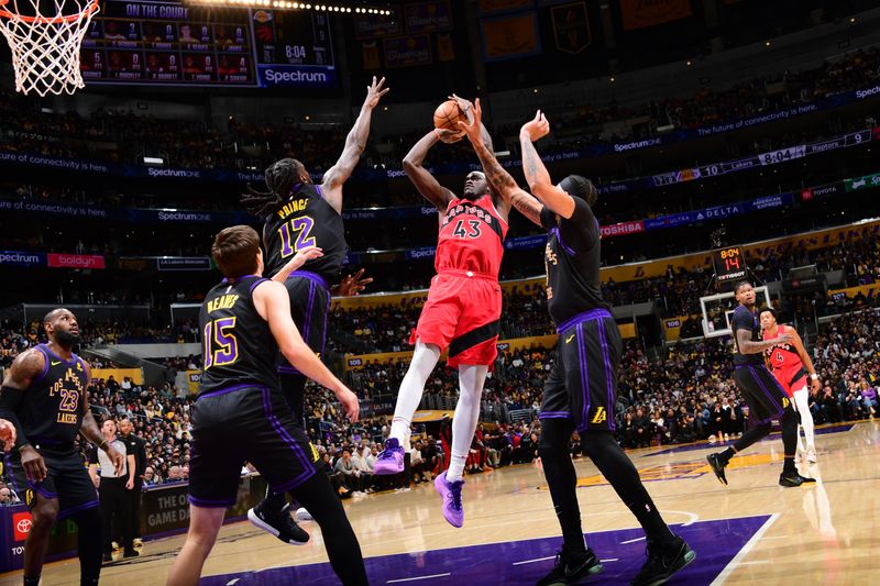 LOS ANGELES, CA - JANUARY 9: Pascal Siakam #43 of the Toronto Raptors shoots the ball during the game against the Los Angeles Lakers on January 9, 2024 at Crypto.Com Arena in Los Angeles, California. NOTE TO USER: User expressly acknowledges and agrees that, by downloading and/or using this Photograph, user is consenting to the terms and conditions of the Getty Images License Agreement. Mandatory Copyright Notice: Copyright 2024 NBAE (Photo by Adam Pantozzi/NBAE via Getty Images)