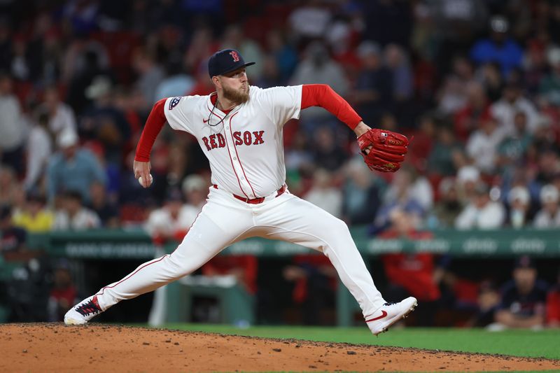 Jun 3, 2025; Boston, Massachusetts, USA; Boston Red Sox relief pitcher Zack Kelly (76) delivers a pitch during the tenth inning against the Los Angeles Angels at Fenway Park. Mandatory Credit: Paul Rutherford-Imagn Images