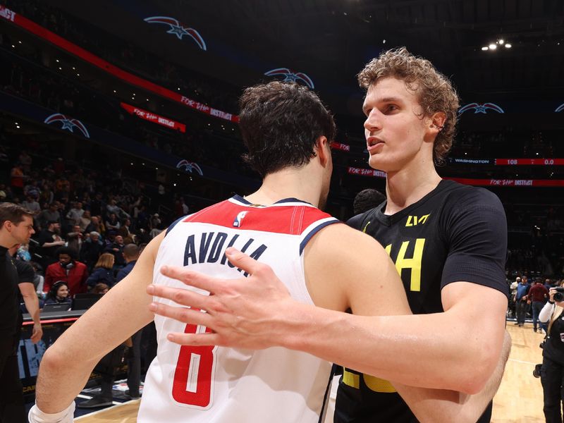 WASHINGTON, DC -? JANUARY 25: Lauri Markkanen #23 of the Utah Jazz embraces Deni Avdija #8 of the Washington Wizards after the game on January 25, 2024 at Capital One Arena in Washington, DC. NOTE TO USER: User expressly acknowledges and agrees that, by downloading and or using this Photograph, user is consenting to the terms and conditions of the Getty Images License Agreement. Mandatory Copyright Notice: Copyright 2024 NBAE (Photo by Stephen Gosling/NBAE via Getty Images)