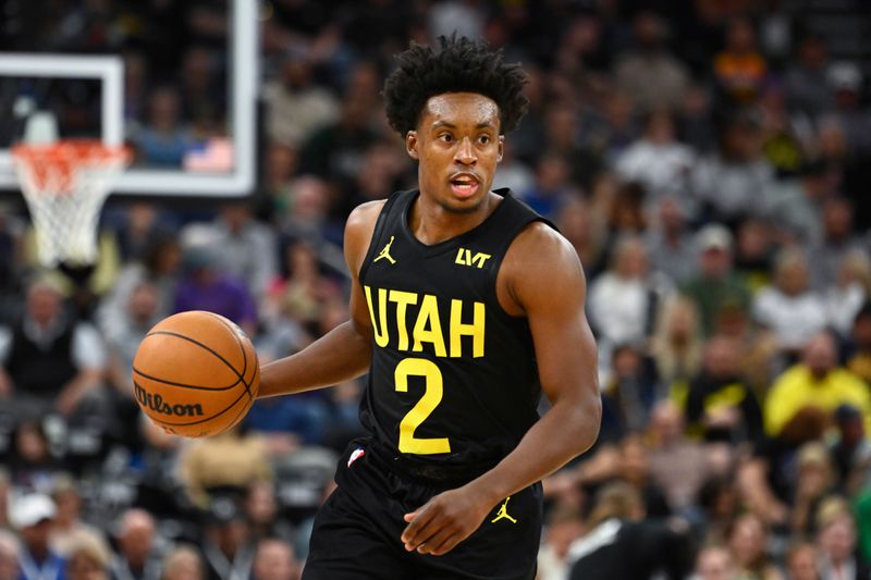 SALT LAKE CITY, UTAH - OCTOBER 23: Collin Sexton #2 of the Utah Jazz dribbles the ball against the Memphis Grizzlies during the second quarter at Delta Center on October 23, 2024 in Salt Lake City, Utah. NOTE TO USER: User expressly acknowledges and agrees that, by downloading and or using this photograph, User is consenting to the terms and conditions of the Getty Images License Agreement. (Photo by Alex Goodlett/Getty Images)