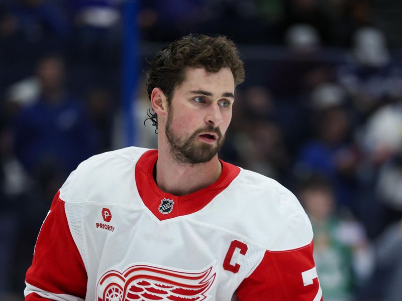 Jan 18, 2025; Tampa, Florida, USA; Detroit Red Wings center Dylan Larkin (71) warms up before a game against the Tampa Bay Lightning at Amalie Arena. Mandatory Credit: Nathan Ray Seebeck-Imagn Images