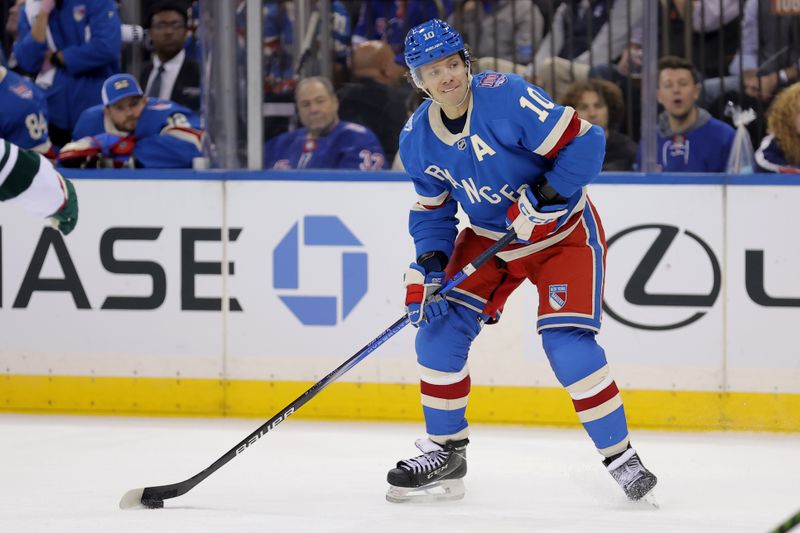 Oct 20, 2025; New York, New York, USA; New York Rangers left wing Artemi Panarin (10) looks to shoot against the Minnesota Wild during the second period at Madison Square Garden. Mandatory Credit: Brad Penner-Imagn Images