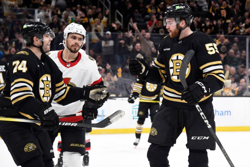 Mar 19, 2024; Boston, Massachusetts, USA;  Boston Bruins left wing Jake DeBrusk (74) rects after a goal by right wing Justin Brazeau (55) during the third period against the Ottawa Senators at TD Garden. Mandatory Credit: Bob DeChiara-USA TODAY Sports