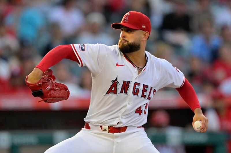 Jun 4, 2024; Anaheim, California, USA;  Los Angeles Angels starting pitcher Patrick Sandoval (43) delivers to the plate in the second inning against the San Diego Padres at Angel Stadium. Mandatory Credit: Jayne Kamin-Oncea-USA TODAY Sports