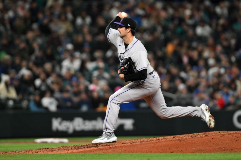 Apr 15, 2023; Seattle, Washington, USA; Colorado Rockies starting pitcher Connor Seabold (43) pitches to the Seattle Mariners during the sixth inning at T-Mobile Park. Mandatory Credit: Steven Bisig-USA TODAY Sports