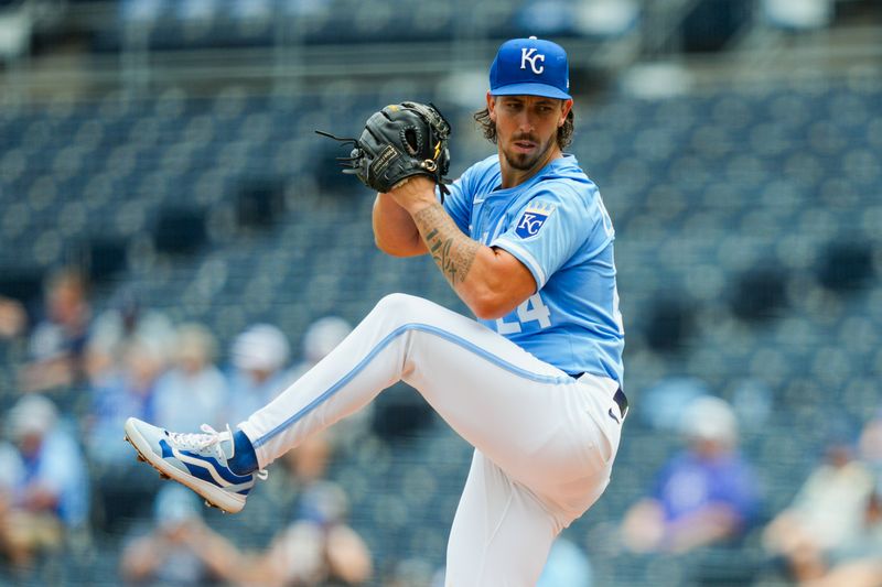 Aug 21, 2025; Kansas City, Missouri, USA; Kansas City Royals starting pitcher Michael Lorenzen (24) pitches during the first inning against the Texas Rangers at Kauffman Stadium. Mandatory Credit: Jay Biggerstaff-Imagn Images