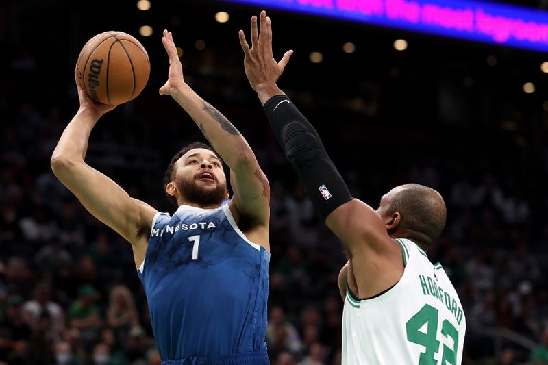 BOSTON, MASSACHUSETTS - JANUARY 10: Kyle Anderson #1 of the Minnesota Timberwolves takes a shot against Al Horford #42 of the Boston Celtics during the first quarter at TD Garden on January 10, 2024 in Boston, Massachusetts. NOTE TO USER: User expressly acknowledges and agrees that, by downloading and or using this photograph, user is consenting to the terms and conditions of the Getty Images License Agreement.  (Photo by Maddie Meyer/Getty Images)