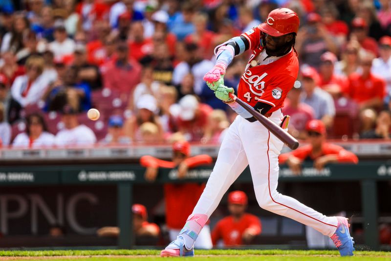 May 24, 2025; Cincinnati, Ohio, USA; Cincinnati Reds shortstop Elly De La Cruz (44) hits a two-run home run in the first inning against the Chicago Cubs at Great American Ball Park. Mandatory Credit: Katie Stratman-Imagn Images