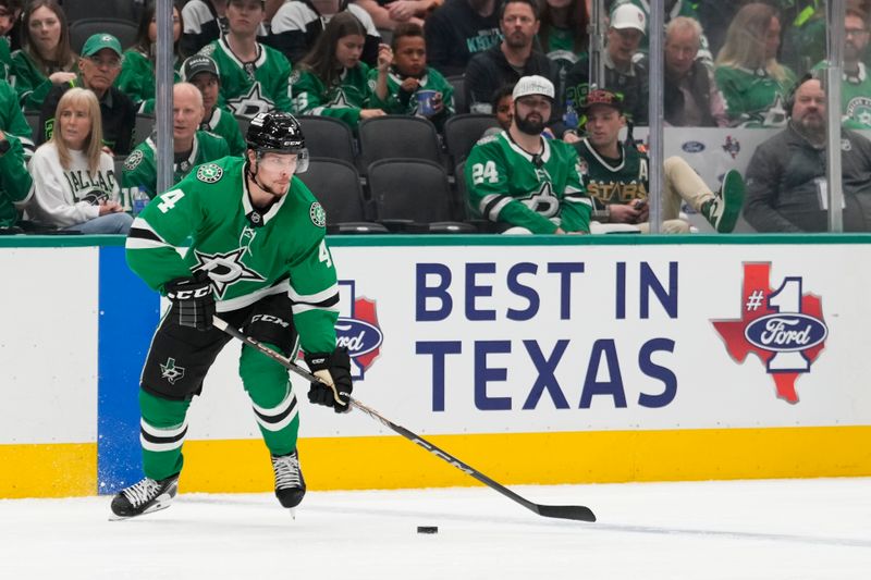 Oct 13, 2024; Dallas, Texas, USA;  Dallas Stars defenseman Miro Heiskanen (4) in action against the Seattle Kraken during the second period at American Airlines Center. Mandatory Credit: Chris Jones-Imagn Images