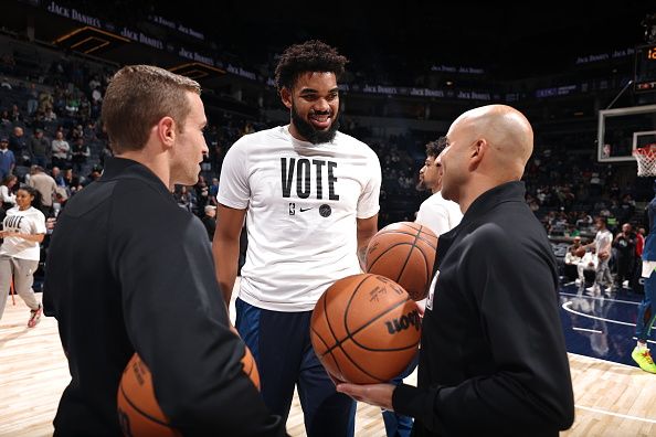 MINNEAPOLIS, MN -  NOVEMBER 6: Karl-Anthony Towns #32 of the Minnesota Timberwolves selects the game ball before the game against the Boston Celtics on November 6, 2023 at Target Center in Minneapolis, Minnesota. NOTE TO USER: User expressly acknowledges and agrees that, by downloading and or using this Photograph, user is consenting to the terms and conditions of the Getty Images License Agreement. Mandatory Copyright Notice: Copyright 2023 NBAE (Photo by David Sherman/NBAE via Getty Images)