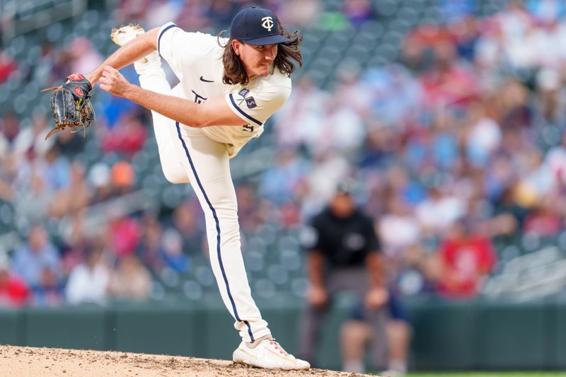 Sep 24, 2023; Minneapolis, Minnesota, USA; Minnesota Twins relief pitcher Kody Funderburk (55) pitches in the ninth inning against the Los Angeles Angels at Target Field. Mandatory Credit: Matt Blewett-USA TODAY Sports