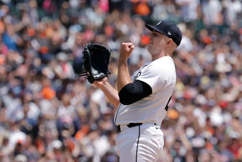 May 25, 2025; Detroit, Michigan, USA;  Detroit Tigers pitcher Tarik Skubal (29) celebrate after defeating the Cleveland Guardians at Comerica Park. Mandatory Credit: Rick Osentoski-Imagn Images