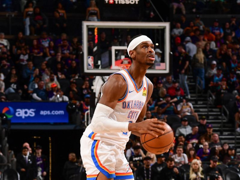 PHOENIX, AZ - MARCH 3:  Shai Gilgeous-Alexander #2 of the Oklahoma City Thunder shoots a 3-point basket during the game  on March 3, 2024 at Footprint Center in Phoenix, Arizona. NOTE TO USER: User expressly acknowledges and agrees that, by downloading and or using this photograph, user is consenting to the terms and conditions of the Getty Images License Agreement. Mandatory Copyright Notice: Copyright 2024 NBAE (Photo by Kate Frese/NBAE via Getty Images)