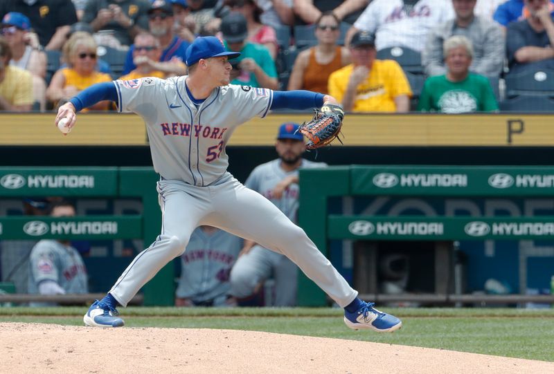 Jul 8, 2024; Pittsburgh, Pennsylvania, USA;  New York Mets relief pitcher Eric Orze (53) throws a pitch in his major league debut during the sixth inning against the Pittsburgh Pirates at PNC Park. The Pirates won 8-2. Mandatory Credit: Charles LeClaire-USA TODAY Sports