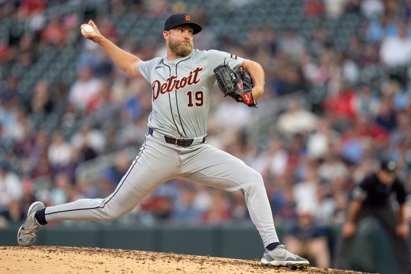 Jul 2, 2024; Minneapolis, Minnesota, USA; Detroit Tigers pitcher Will Vest (19) comes in to pitch against the Minnesota Twins in the seventh inning at Target Field. Mandatory Credit: Matt Blewett-USA TODAY Sports