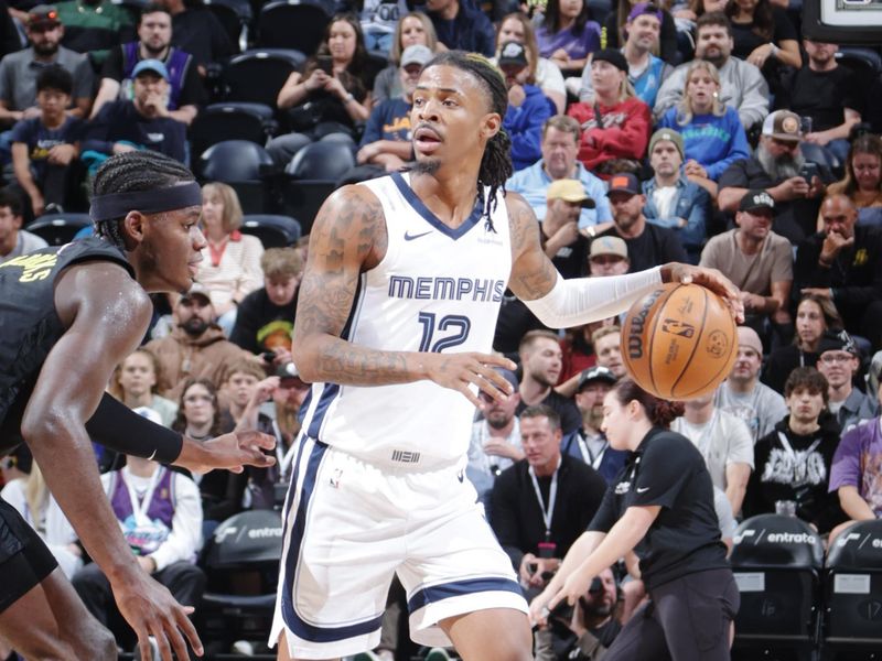 SALT LAKE CITY, UT - OCTOBER 23: Ja Morant #12 of the Memphis Grizzlies looks to pass the ball during the game against the Utah Jazz on OCTOBER 23, 2024 at vivint.SmartHome Arena in Salt Lake City, Utah. NOTE TO USER: User expressly acknowledges and agrees that, by downloading and or using this Photograph, User is consenting to the terms and conditions of the Getty Images License Agreement. Mandatory Copyright Notice: Copyright 2024 NBAE (Photo by Melissa Majchrzak/NBAE via Getty Images)