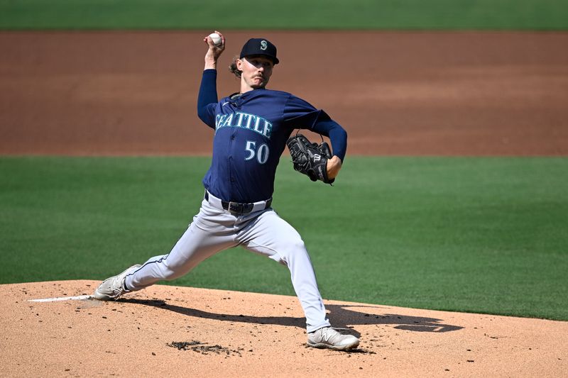 Jul 10, 2024; San Diego, California, USA; Seattle Mariners starting pitcher Bryce Miller (50) pitches against the San Diego Padres during the first inning at Petco Park. Mandatory Credit: Orlando Ramirez-USA TODAY Sports