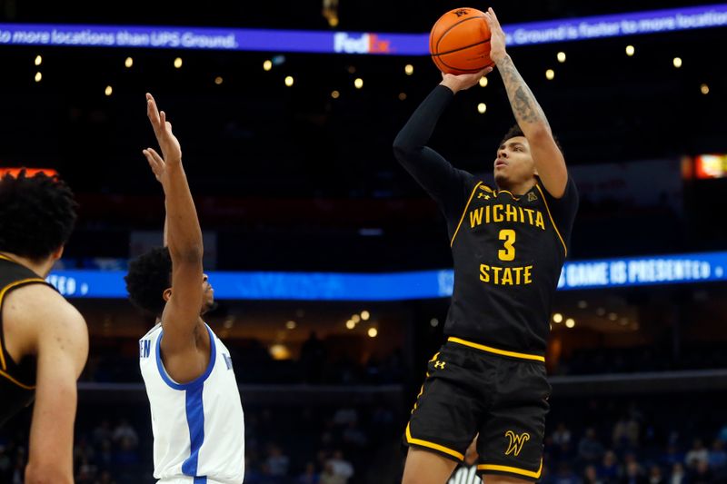 Jan 19, 2023; Memphis, Tennessee, USA; Wichita State Shockers guard Craig Porter Jr. (3) shoots for three during the first half against the Memphis Tigers at FedExForum. Mandatory Credit: Petre Thomas-USA TODAY Sports