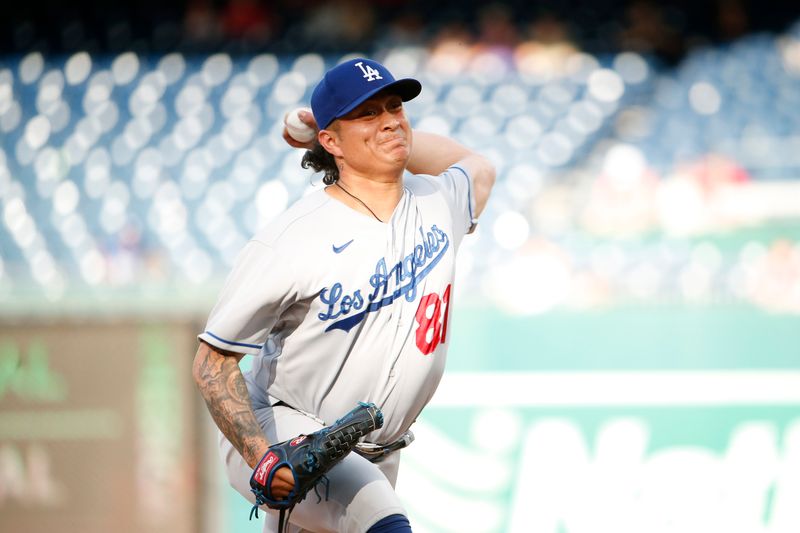 Sep 10, 2023; Washington, District of Columbia, USA; Los Angeles Dodgers relief pitcher Victor Gonzalez (81) throws the ball in the ninth inning against the Washington Nationals at Nationals Park. Mandatory Credit: Amber Searls-USA TODAY Sports