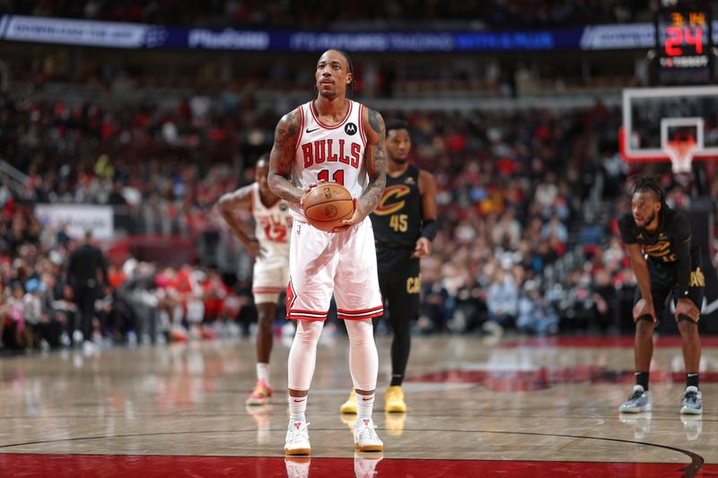 CHICAGO, IL - FEBRUARY 28: DeMar DeRozan #11 of the Chicago Bulls shoots a free throw during the game against the Cleveland Cavaliers on February 28, 2024 at United Center in Chicago, Illinois. NOTE TO USER: User expressly acknowledges and agrees that, by downloading and or using this photograph, User is consenting to the terms and conditions of the Getty Images License Agreement. Mandatory Copyright Notice: Copyright 2024 NBAE (Photo by Jeff Haynes/NBAE via Getty Images)