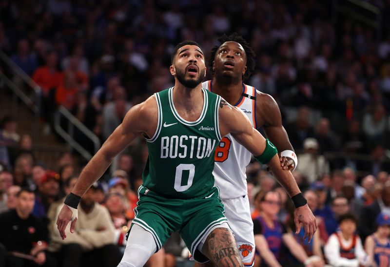 NEW YORK, NEW YORK - MAY 10:  Jayson Tatum #0 of the Boston Celtics in action against OG Anunoby #8 of the New York Knicks during game Three of the Eastern Conference Second Round NBA Playoffs at Madison Square Garden on May 10, 2025 in New York City.   User expressly acknowledges and agrees that, by downloading and or using this photograph, User is consenting to the terms and conditions of the Getty Images License Agreement.   (Photo by Al Bello/Getty Images)