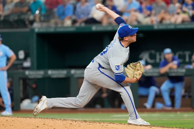 Jun 23, 2024; Arlington, Texas, USA; Kansas City Royals relief pitcher Sam Long (73) delivers a pitch to the Texas Rangers during the seventh inning at Globe Life Field. Mandatory Credit: Jim Cowsert-USA TODAY Sports