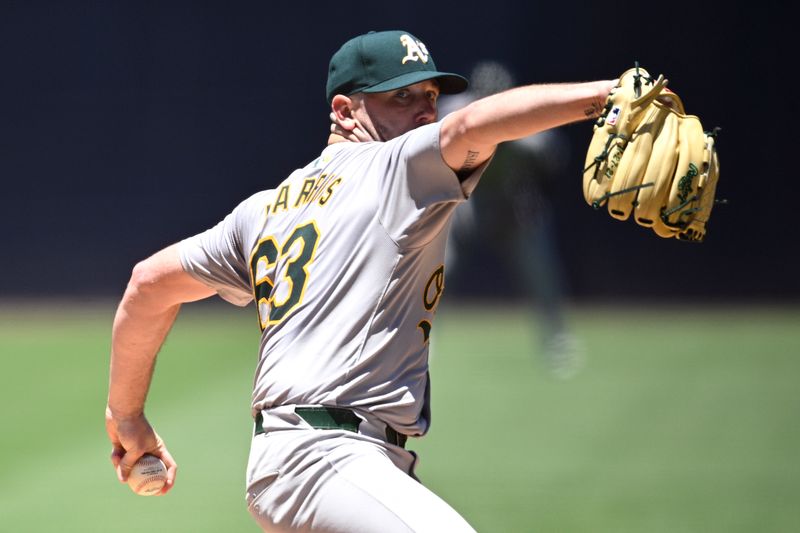 Jun 12, 2024; San Diego, California, USA; Oakland Athletics starting pitcher Hogan Harris (63) pitches against the San Diego Padres during the first inning at Petco Park. Mandatory Credit: Orlando Ramirez-USA TODAY Sports