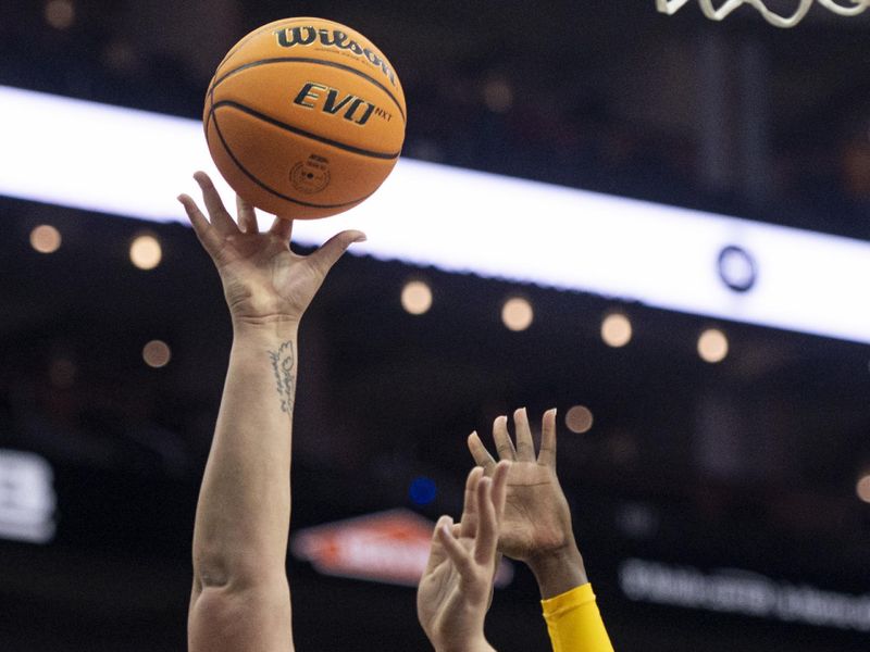 Mar 9, 2024; Kansas City, MO, USA; Iowa State Cyclones center Audi Crooks (55) shoots the ball while defended by Baylor Lady Bears guard Aijha Blackwell (33) during the second half at T-Mobile Center. Mandatory Credit: Amy Kontras-USA TODAY Sports