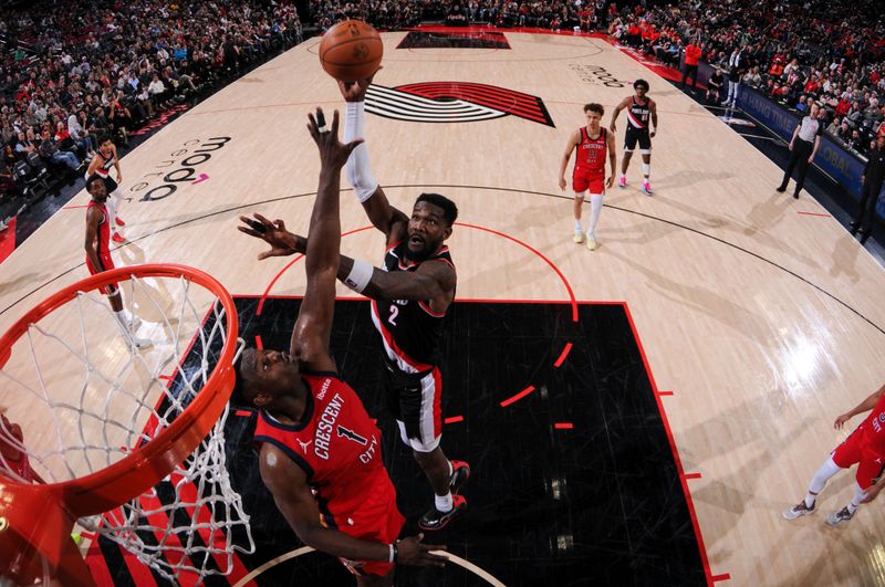 PORTLAND, OR - APRIL 9: Deandre Ayton #2 of the Portland Trail Blazers shoots the ball during the game against the New Orleans Pelicans on April 9, 2024 at the Moda Center Arena in Portland, Oregon. NOTE TO USER: User expressly acknowledges and agrees that, by downloading and or using this photograph, user is consenting to the terms and conditions of the Getty Images License Agreement. Mandatory Copyright Notice: Copyright 2024 NBAE (Photo by Cameron Browne/NBAE via Getty Images)