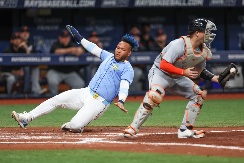 Apr 24, 2024; St. Petersburg, Florida, USA;  Tampa Bay Rays designated hitter Harold Ramirez (43) scores a run against the Detroit Tigers in the second inning at Tropicana Field. Mandatory Credit: Nathan Ray Seebeck-USA TODAY Sports