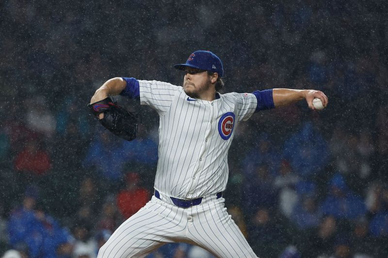 Jun 1, 2024; Chicago, Illinois, USA; Chicago Cubs starting pitcher Justin Steele (35) delivers a pitch during the first inning at Wrigley Field. Mandatory Credit: Kamil Krzaczynski-USA TODAY Sports