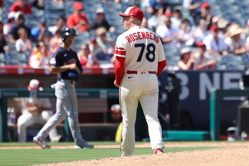 Sep 10, 2023; Anaheim, California, USA; Los Angeles Angels relief pitcher Kenny Rosenberg (78) reacts during the fifth inning against the Cleveland Guardians at Angel Stadium. Mandatory Credit: Jessica Alcheh-USA TODAY Sports