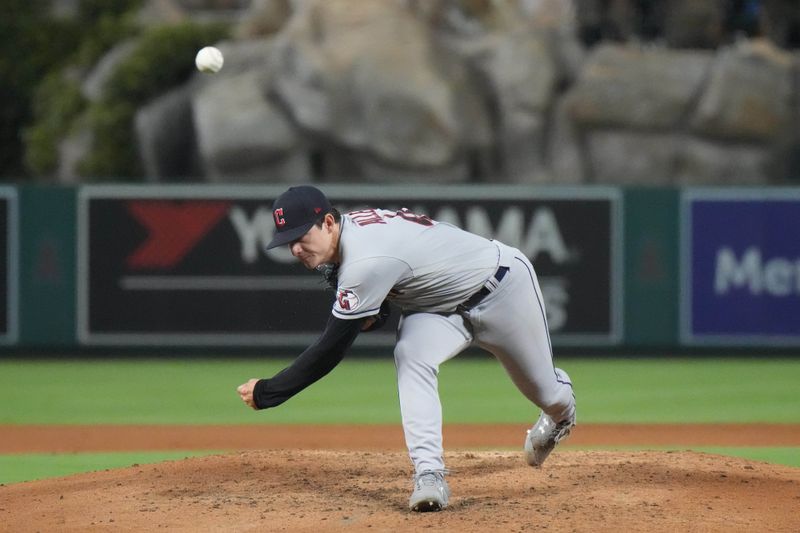 Sep 8, 2023; Anaheim, California, USA; Cleveland Guardians starting pitcher Logan Allen (41) throws against the Los Angeles Angels at Angel Stadium. Mandatory Credit: Kirby Lee-USA TODAY Sports