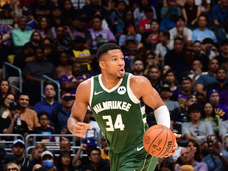 LOS ANGELES, CA - OCTOBER 15: Giannis Antetokounmpo #34 of the Milwaukee Bucks dribbles the ball during the game against the Los Angeles Lakers on October 15, 2023 at Crypto.Com Arena in Los Angeles, California. NOTE TO USER: User expressly acknowledges and agrees that, by downloading and/or using this Photograph, user is consenting to the terms and conditions of the Getty Images License Agreement. Mandatory Copyright Notice: Copyright 2023 NBAE (Photo by Adam Pantozzi/NBAE via Getty Images)