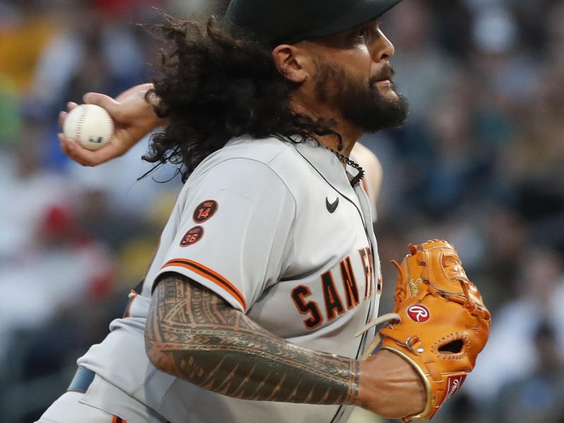 Jul 14, 2023; Pittsburgh, Pennsylvania, USA;  San Francisco Giants relief pitcher Sean Manaea (52) pitches against the Pittsburgh Pirates during the fifth inning at PNC Park. Mandatory Credit: Charles LeClaire-USA TODAY Sports