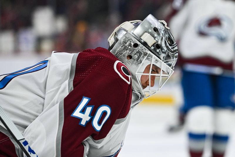 Jan 15, 2024; Montreal, Quebec, CAN; Starting goalie Colorado Avalanche Alexandar Georgiev (40) focuses during warm-up before the game against the Montreal Canadiens at Bell Centre. Mandatory Credit: David Kirouac-USA TODAY Sports