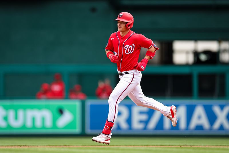 Mar 28, 2023; Washington, District of Columbia, USA; Washington Nationals left fielder Alex Call (17) rounds the bases after hitting a one run home run against the New York Yankees during the second inning of the Spring Training game at Nationals Park. Mandatory Credit: Scott Taetsch-USA TODAY Sports