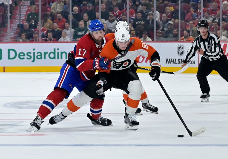 Sep 23, 2024; Montreal, Quebec, CAN; Montreal Canadiens forward Josh Anderson (17) checks Philadelphia Flyers defenseman Oliver Bonk (59) during the third period at the Bell Centre. Mandatory Credit: Eric Bolte-Imagn Images