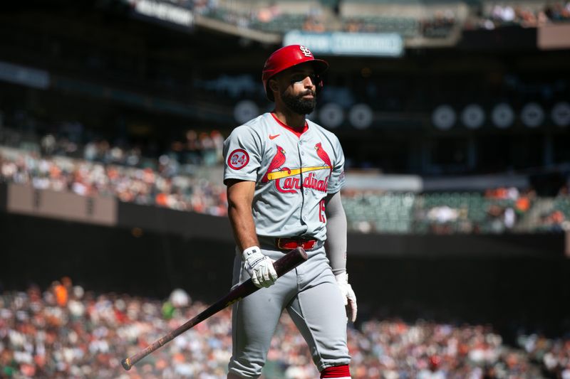 Sep 29, 2024; San Francisco, California, USA; St. Louis Cardinals third baseman Jose Fermin (15) walks back to the dugout after striking out against the San Francisco Giants during the third inning at Oracle Park. Mandatory Credit: D. Ross Cameron-Imagn Images