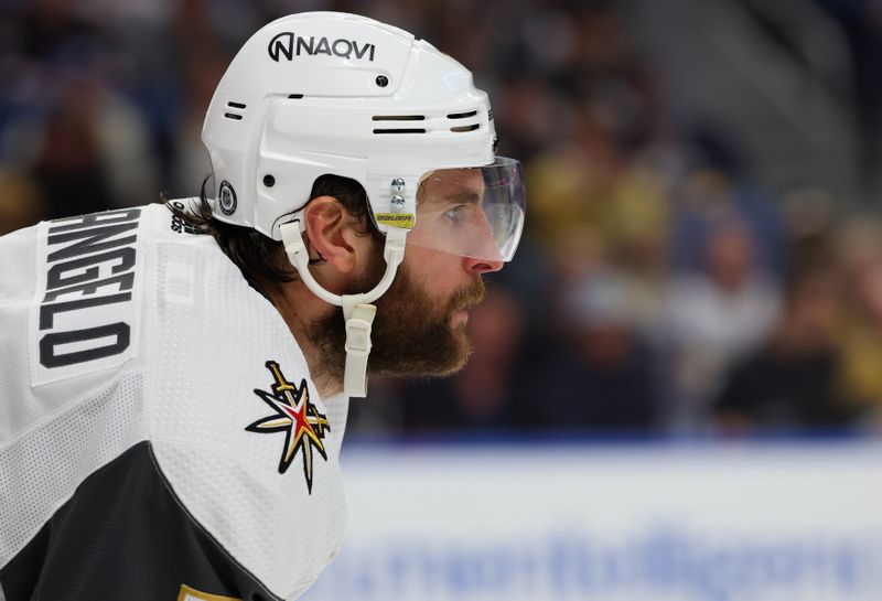 Mar 2, 2024; Buffalo, New York, USA;  Vegas Golden Knights defenseman Alex Pietrangelo (7) waits for the face-off during the second period against the Buffalo Sabres at KeyBank Center. Mandatory Credit: Timothy T. Ludwig-USA TODAY Sports