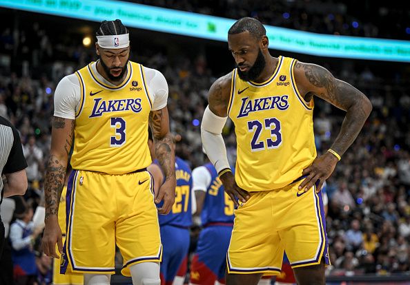 DENVER, CO - OCTOBER 24: LeBron James (23) of the Los Angeles Lakers and Anthony Davis (3) discuss a strategy for the Denver Nuggets during the first quarter at Ball Arena in Denver on Tuesday, October 24, 2023. (Photo by AAron Ontiveroz/The Denver Post)