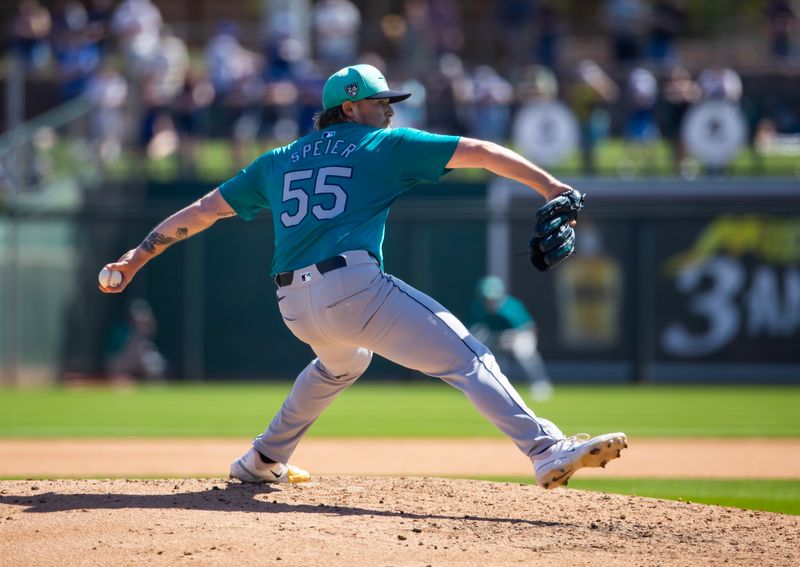 Mar 13, 2024; Phoenix, Arizona, USA; Seattle Mariners pitcher Gabe Speier against the Los Angeles Dodgers during a spring training game at Camelback Ranch-Glendale. Mandatory Credit: Mark J. Rebilas-USA TODAY Sports