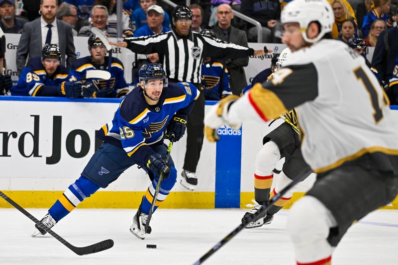 Mar 25, 2024; St. Louis, Missouri, USA;  St. Louis Blues center Jordan Kyrou (25) controls the puck against the Vegas Golden Knights during the second period at Enterprise Center. Mandatory Credit: Jeff Curry-USA TODAY Sports