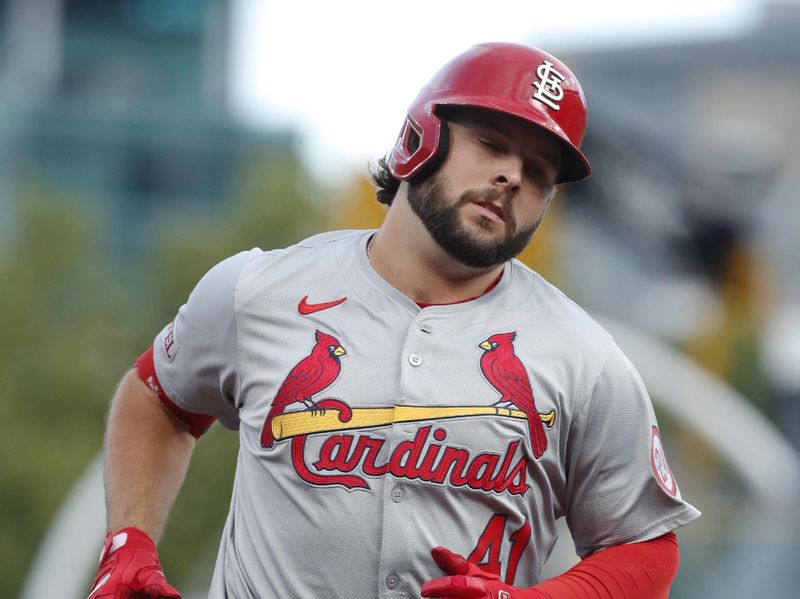 Jul 2, 2024; Pittsburgh, Pennsylvania, USA;  St. Louis Cardinals right fielder Alec Burleson (41) circles the bases on a two-run home run against the Pittsburgh Pirates during the third inning at PNC Park. Mandatory Credit: Charles LeClaire-USA TODAY Sports