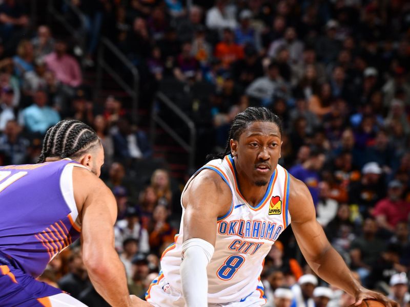 PHOENIX, AZ - MARCH 3: Jalen Williams #8 of the Oklahoma City Thunder dribbles the ball during the game against the Phoenix Suns on March 3, 2024 at Footprint Center in Phoenix, Arizona. NOTE TO USER: User expressly acknowledges and agrees that, by downloading and or using this photograph, user is consenting to the terms and conditions of the Getty Images License Agreement. Mandatory Copyright Notice: Copyright 2024 NBAE (Photo by Barry Gossage/NBAE via Getty Images)