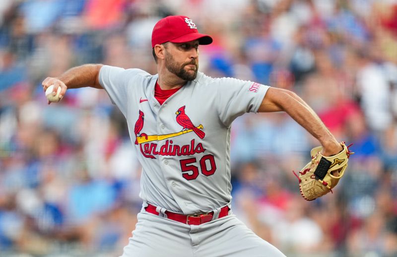 Aug 11, 2023; Kansas City, Missouri, USA; St. Louis Cardinals starting pitcher Adam Wainwright (50) pitches during the first inning against the Kansas City Royals at Kauffman Stadium. Mandatory Credit: Jay Biggerstaff-USA TODAY Sports