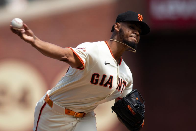 Jun 8, 2025; San Francisco, California, USA; San Francisco Giants pitcher Camilo Doval (75) delivers a pitch against the Atlanta Braves during the ninth inning at Oracle Park. Mandatory Credit: D. Ross Cameron-Imagn Images