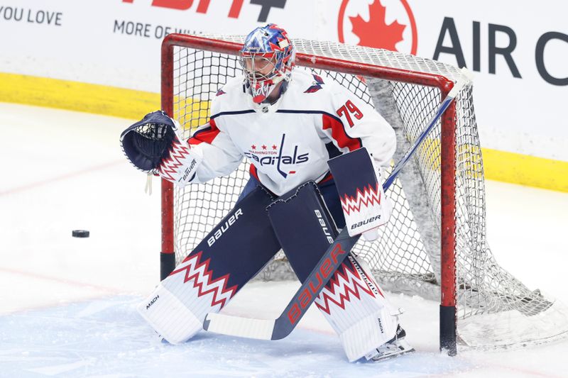 Mar 11, 2024; Winnipeg, Manitoba, CAN; Washington Capitals goaltender Charlie Lindgren (79) warms up before a game against the Winnipeg Jets at Canada Life Centre. Mandatory Credit: James Carey Lauder-USA TODAY Sports