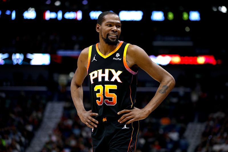 NEW ORLEANS, LOUISIANA - APRIL 01: Kevin Durant #35 of the Phoenix Suns stands on the court during the fourth quarter of an NBA game against the New Orleans Pelicans at Smoothie King Center on April 01, 2024 in New Orleans, Louisiana. NOTE TO USER: User expressly acknowledges and agrees that, by downloading and or using this photograph, User is consenting to the terms and conditions of the Getty Images License Agreement. (Photo by Sean Gardner/Getty Images)