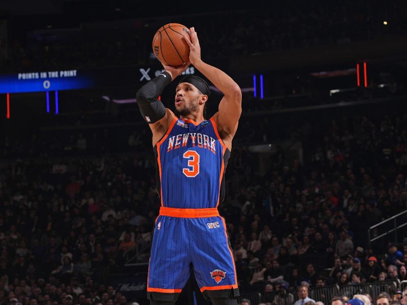 NEW YORK, NY - FEBRUARY 10: Josh Hart #3 of the New York Knicks shoots the ball during the game against the Indiana Pacers on February 10, 2024 at Madison Square Garden in New York City, New York.  NOTE TO USER: User expressly acknowledges and agrees that, by downloading and or using this photograph, User is consenting to the terms and conditions of the Getty Images License Agreement. Mandatory Copyright Notice: Copyright 2024 NBAE  (Photo by Jesse D. Garrabrant/NBAE via Getty Images)